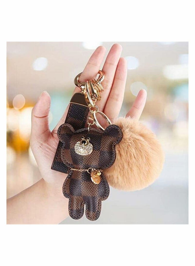 Cute Pom Pom Keychain with Diamond Bear Charm Ideal for Car Keys and Backpacks Stylish Accessory for All Ages - Image 2