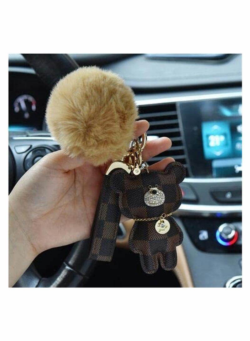 Cute Pom Pom Keychain with Diamond Bear Charm Ideal for Car Keys and Backpacks Stylish Accessory for All Ages - Image 4