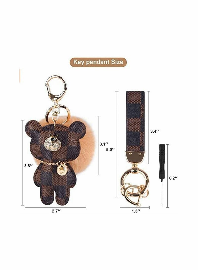 Cute Pom Pom Keychain with Diamond Bear Charm Ideal for Car Keys and Backpacks Stylish Accessory for All Ages - Image 3