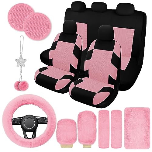 JINGSEN 17 Car Seat Cover Full Set for Women,Universal Car Seat Cover,Plush Steering Wheel Cover,Fluffy Soft Wool Handbrake Gear,Suspension Accessories Full SUV(Patterned Pink - Image 1