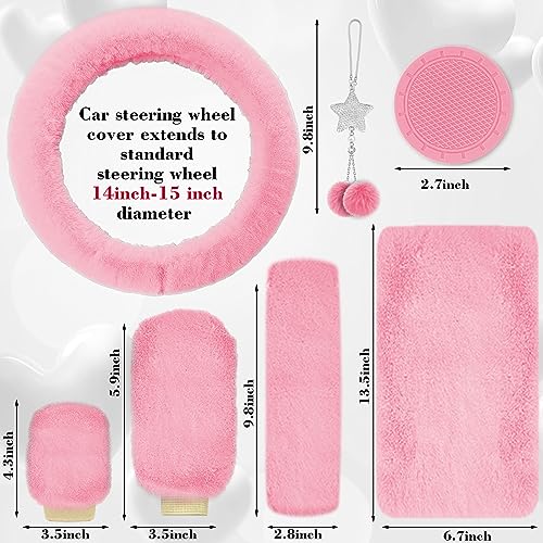 JINGSEN 17 Car Seat Cover Full Set for Women,Universal Car Seat Cover,Plush Steering Wheel Cover,Fluffy Soft Wool Handbrake Gear,Suspension Accessories Full SUV(Patterned Pink - Image 2