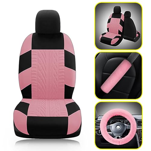 JINGSEN 17 Car Seat Cover Full Set for Women,Universal Car Seat Cover,Plush Steering Wheel Cover,Fluffy Soft Wool Handbrake Gear,Suspension Accessories Full SUV(Patterned Pink - Image 3