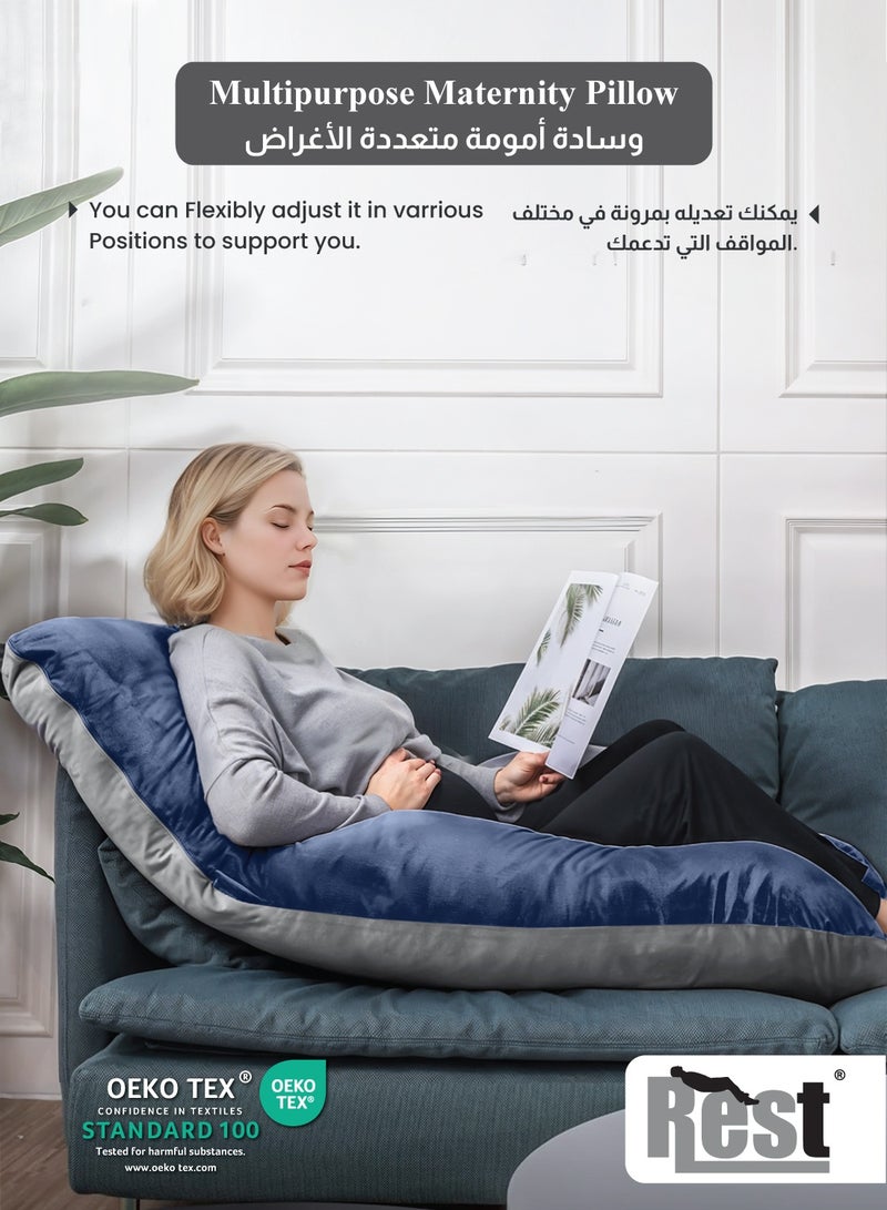 ريست وسادة الحمل REST، وسائد كاملة للجسم على شكل حرف G، 57 بوصة مع غطاء مخملي قابل للإزالة - دعم للظهر والساقين والبطن والوركين للنساء الحوامل، أزرق ورمادي - Image 4