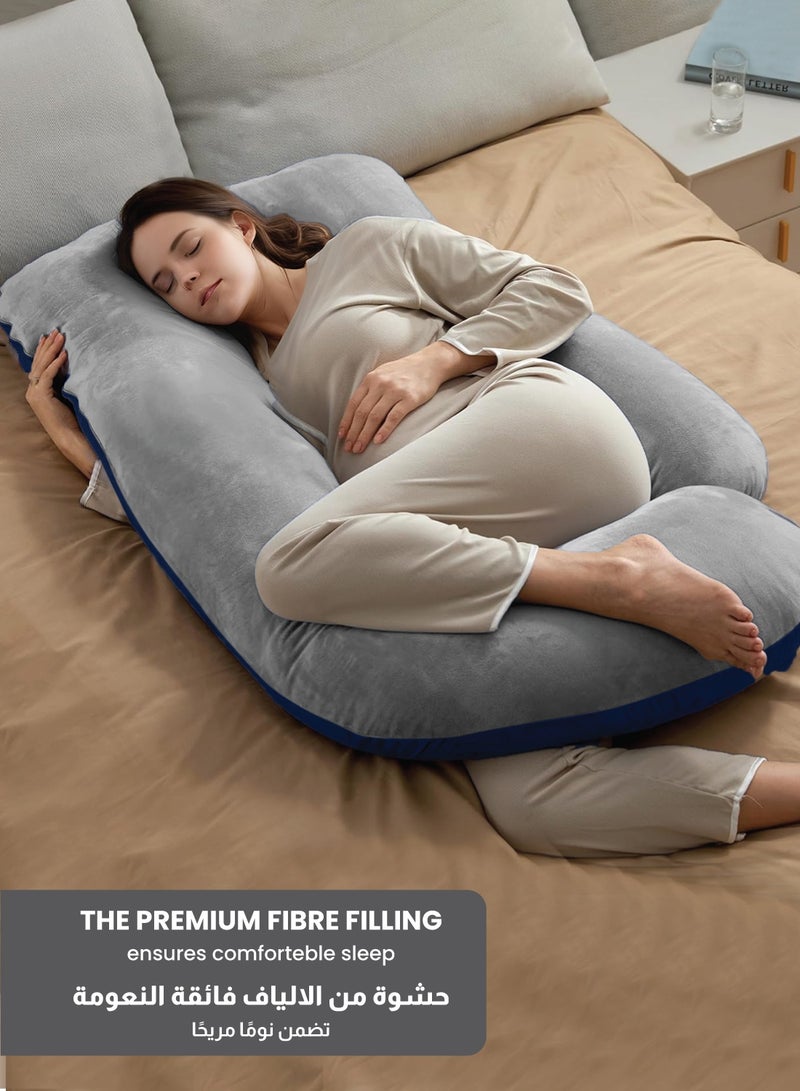 ريست وسادة الحمل REST، وسائد كاملة للجسم على شكل حرف G، 57 بوصة مع غطاء مخملي قابل للإزالة - دعم للظهر والساقين والبطن والوركين للنساء الحوامل، أزرق ورمادي - Image 5