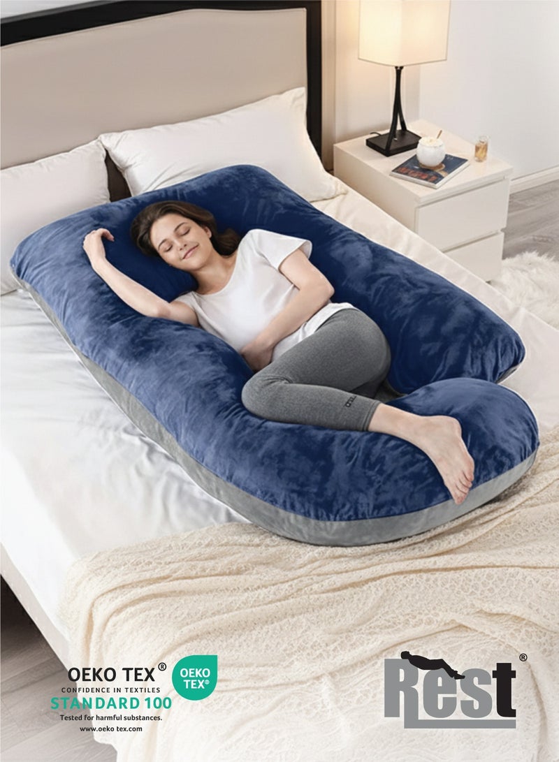 ريست وسادة الحمل REST، وسائد كاملة للجسم على شكل حرف G، 57 بوصة مع غطاء مخملي قابل للإزالة - دعم للظهر والساقين والبطن والوركين للنساء الحوامل، أزرق ورمادي - Image 2