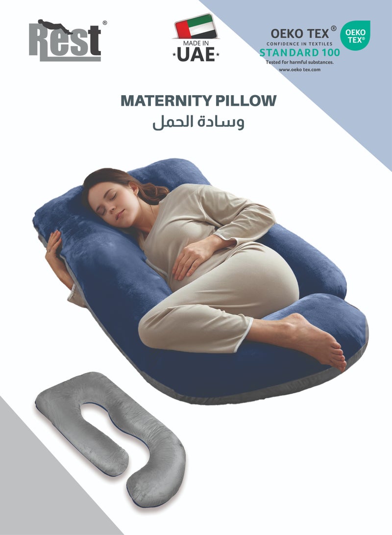 ريست وسادة الحمل REST، وسائد كاملة للجسم على شكل حرف G، 57 بوصة مع غطاء مخملي قابل للإزالة - دعم للظهر والساقين والبطن والوركين للنساء الحوامل، أزرق ورمادي - Image 1