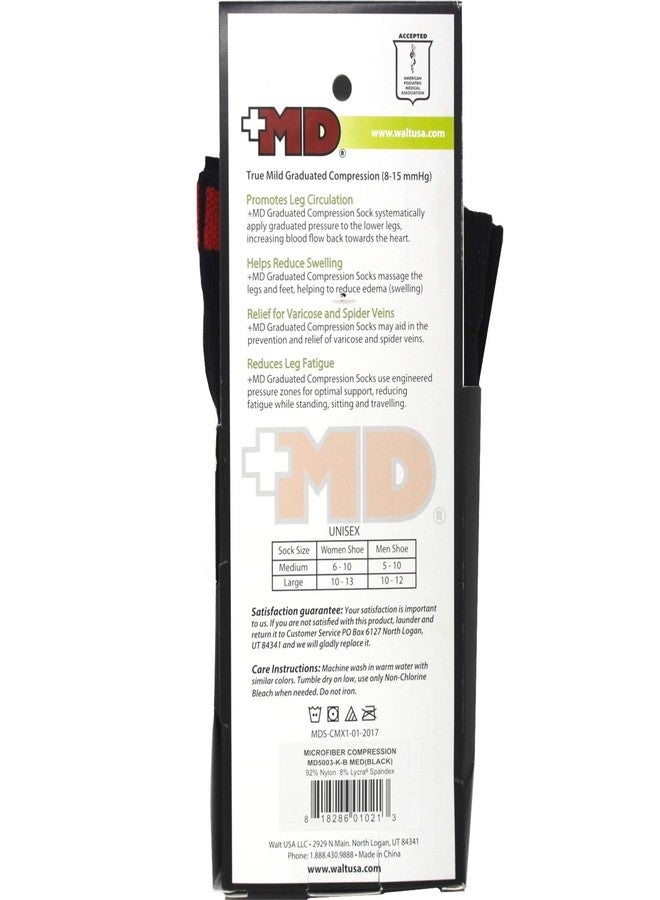 MD USA Flat Knit Micro-Fiber Compression Socks, Black, Medium - Image 2