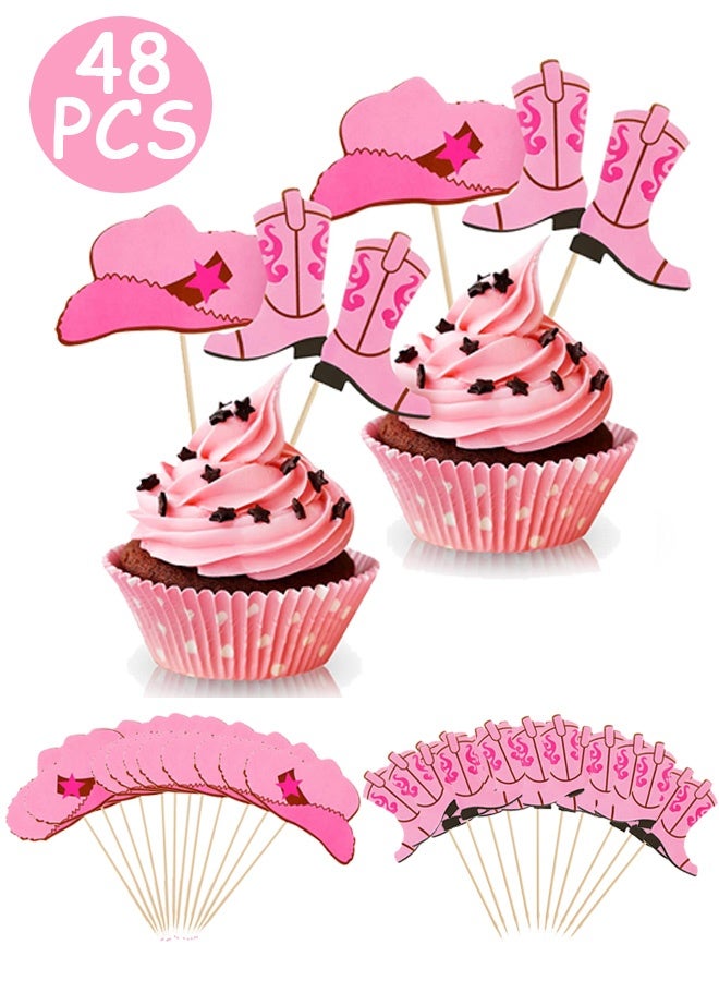 Quantum 48 PCS Cowgirl Boots and Hats Cupcake Topper, West Cowgirl Photo Booth Props Kit, Cupcake Picks for Western Theme Party Favors Supplies (Pink) - Image 1