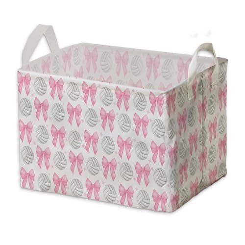 Fisahat Pink Bows Volleyballs Storage Baskets for Pink Nursery Decoration Bin Foldable Storage Box Organizer for Clothes Toys Nursery Large Canvas Laundry Hamper for Bathroom Bedroom Living Room - Image 1
