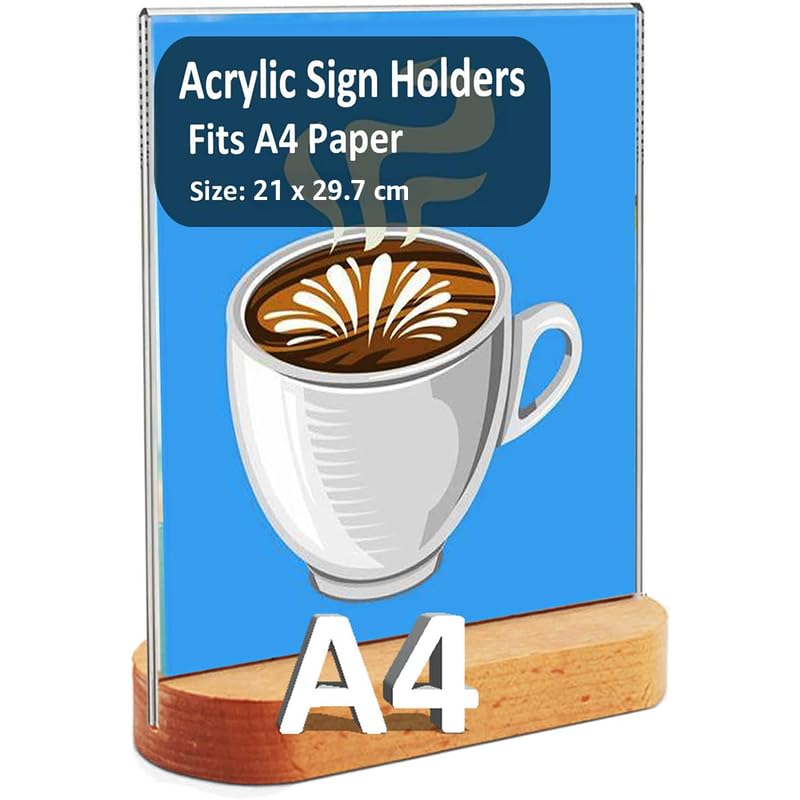 BEST MEDIA A4 Menu Sign Acrylic Holder with a Wood Base, a Double Sided Plastic Display Stand for a professional Restaurant or Store- A4 Size - Modern - 1 Piece - Transparent