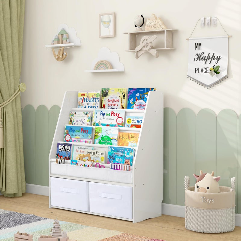 MallBest MallBest Childrens Bookshelf Kids Sling Book Rack with Two Storage Boxes and Toys Organizer Shelves Natural Solid Wood Baby BookcaseWhite 