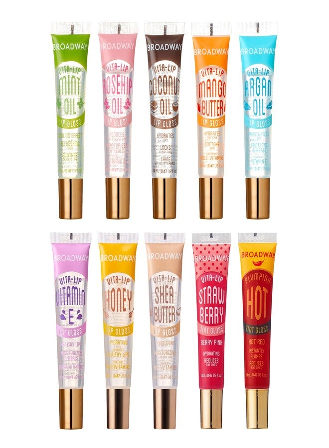 Ruby Kisses Broadway Vita-Lip Tinted & Clear Lip Gloss (10 Pack) Ultra-Hydrating & Soothing Formula, High-Shine Non-Sticky Lip Balm with Mint, Rosehip, Coconut, Mango, Argan, Vitamin E, Honey, Shea - Image 1