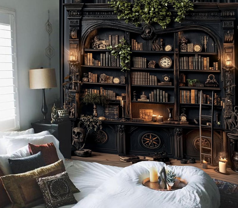 TUGCAY Vintage Bookshelf Tapestry, Medieval Gothic Bookcase Tapestry Spooky Library Tapestries Book Skull Backdrop for Bedroom Living Room Dorm Office Wall Decor 80â€™â€™ x 60â€™â€™ - Image 3