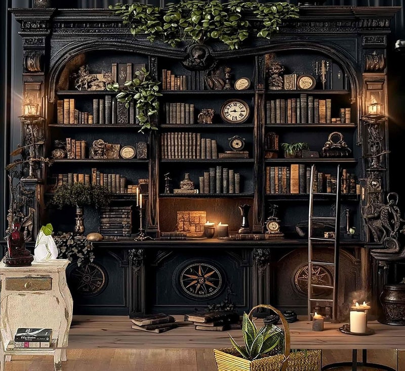 TUGCAY Vintage Bookshelf Tapestry, Medieval Gothic Bookcase Tapestry Spooky Library Tapestries Book Skull Backdrop for Bedroom Living Room Dorm Office Wall Decor 80â€™â€™ x 60â€™â€™ - Image 1