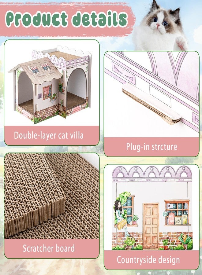 Lineshading 2 Story Cardboard Cat House with Scratcher Pad, Multi Level Durable Cat Scratcher House for Small Kitten Bunny Rabbit Animals Christmas Birthday Gift(17x12x10,Cottage) - Image 3