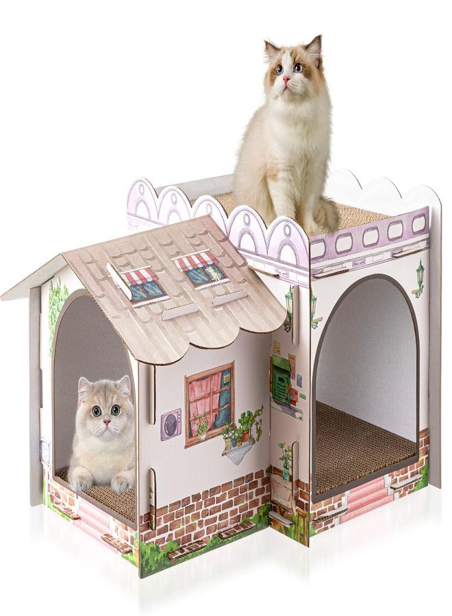 Lineshading 2 Story Cardboard Cat House with Scratcher Pad, Multi Level Durable Cat Scratcher House for Small Kitten Bunny Rabbit Animals Christmas Birthday Gift(17x12x10,Cottage) - Image 1