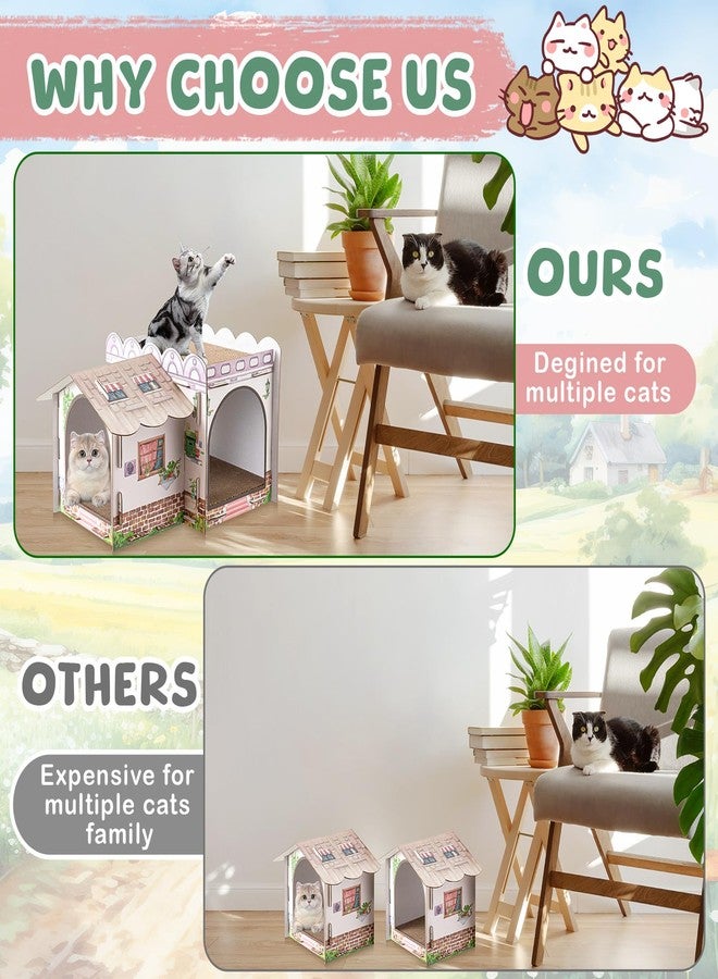 Lineshading 2 Story Cardboard Cat House with Scratcher Pad, Multi Level Durable Cat Scratcher House for Small Kitten Bunny Rabbit Animals Christmas Birthday Gift(17x12x10,Cottage) - Image 4