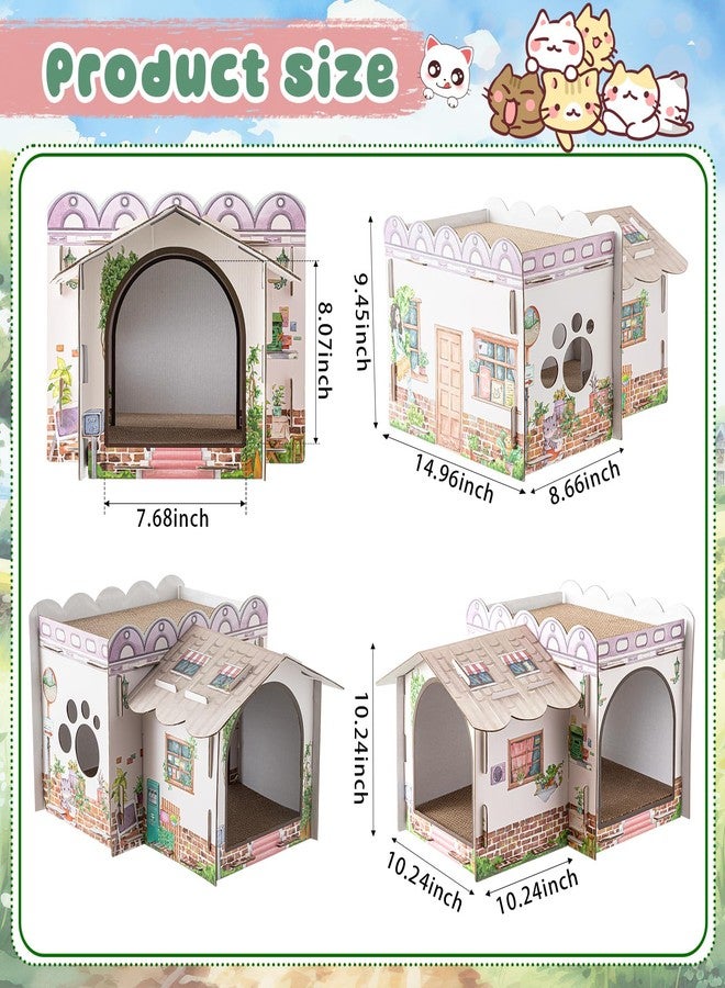 Lineshading 2 Story Cardboard Cat House with Scratcher Pad, Multi Level Durable Cat Scratcher House for Small Kitten Bunny Rabbit Animals Christmas Birthday Gift(17x12x10,Cottage) - Image 2