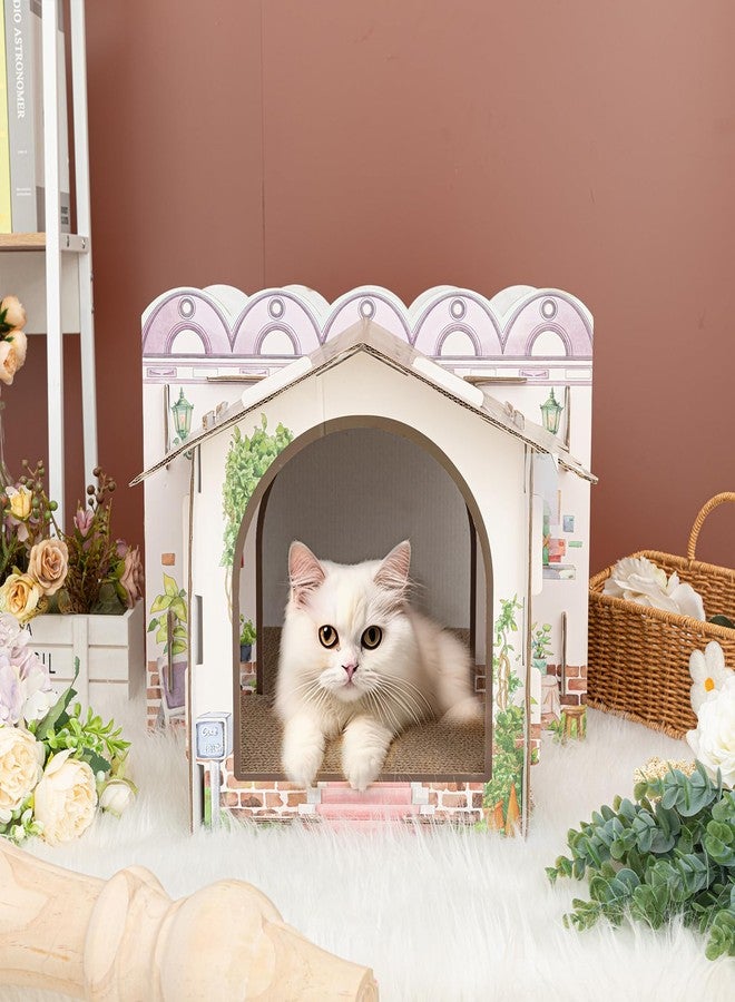 Lineshading 2 Story Cardboard Cat House with Scratcher Pad, Multi Level Durable Cat Scratcher House for Small Kitten Bunny Rabbit Animals Christmas Birthday Gift(17x12x10,Cottage) - Image 5