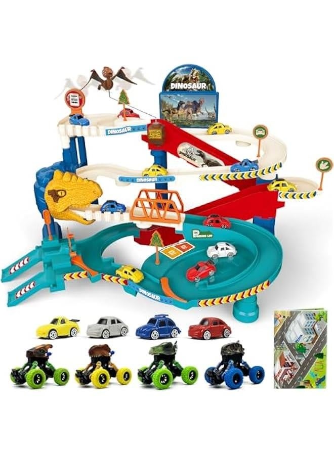 Kids Race Track Car Dinosaur Track Playset Car Adventure Racing Toys Educational Toy Vehicle Ramp Toys Preschool Gifts for 3 4 5 Year Old Boys Girls with 4 Mini Cars 4 Dino Pull Back Cars - Image 1