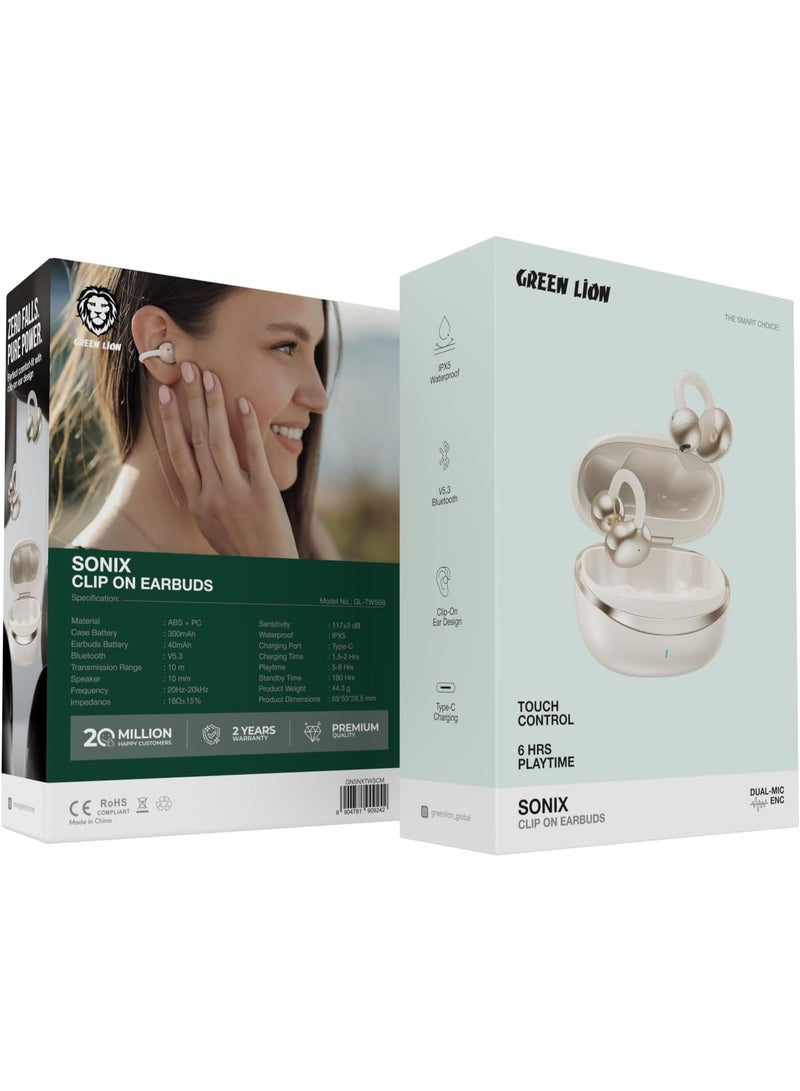 جرين ليون سماعات اذن بمشبك من سونيكس، بلوتوث 5.3، مقاومة للماء IPX5، وقت تشغيل 5-6 ساعات، اي ان سي، تحكم باللمس، شحن من النوع سي، بطارية 40mAh، ميكروفون مزدوج - Image 1