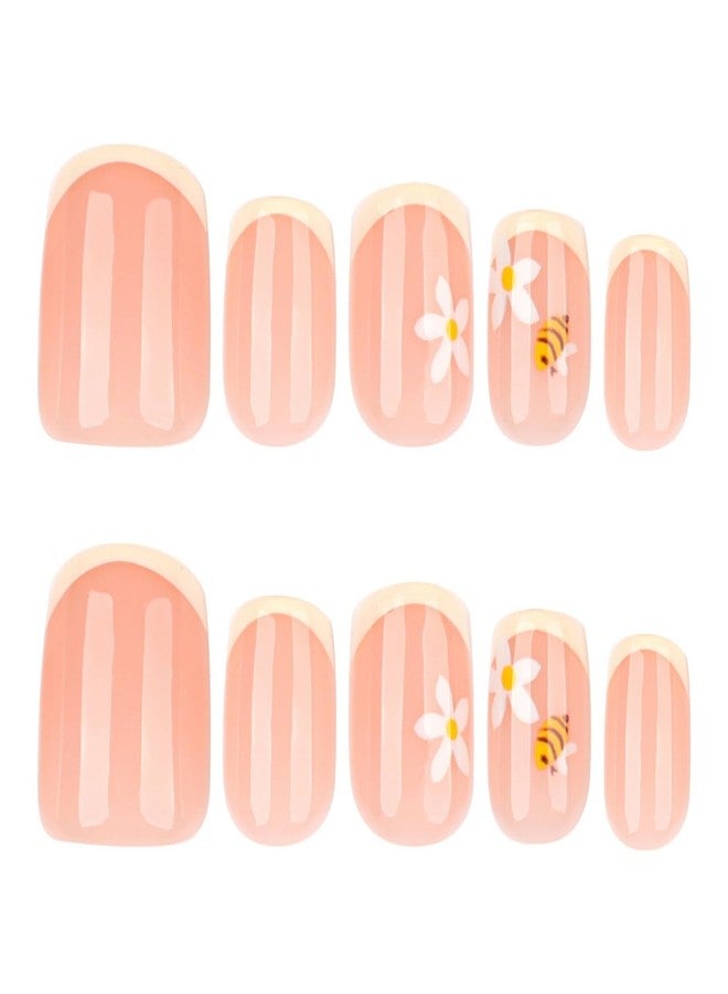 OFDNE Press on Nails Short Square OFDNE Petite Fake Nails Yellow French Tip False Nails with Floral Bee Designs Cute Glossy Glue on Nails Stick on Nails for Women Girls 24Pcs - Image 5