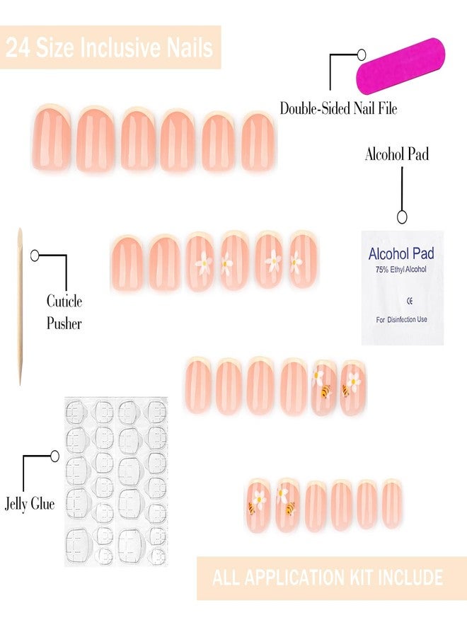 OFDNE Press on Nails Short Square OFDNE Petite Fake Nails Yellow French Tip False Nails with Floral Bee Designs Cute Glossy Glue on Nails Stick on Nails for Women Girls 24Pcs - Image 3