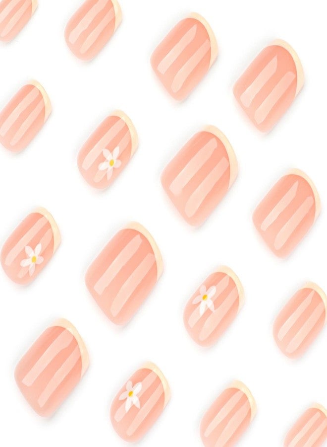OFDNE Press on Nails Short Square OFDNE Petite Fake Nails Yellow French Tip False Nails with Floral Bee Designs Cute Glossy Glue on Nails Stick on Nails for Women Girls 24Pcs - Image 4