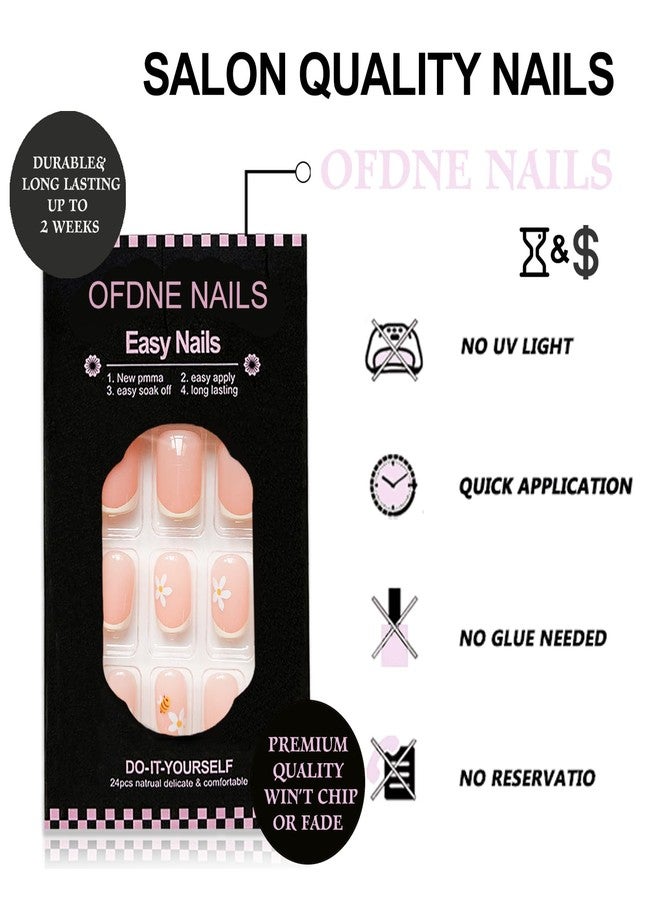 OFDNE Press on Nails Short Square OFDNE Petite Fake Nails Yellow French Tip False Nails with Floral Bee Designs Cute Glossy Glue on Nails Stick on Nails for Women Girls 24Pcs - Image 2