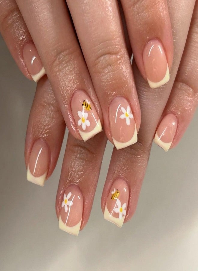OFDNE Press on Nails Short Square OFDNE Petite Fake Nails Yellow French Tip False Nails with Floral Bee Designs Cute Glossy Glue on Nails Stick on Nails for Women Girls 24Pcs - Image 1
