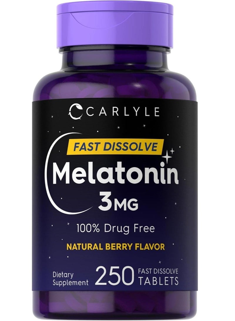 Carlyle أقراص الميلاتونين 3 ملغ سريعة الذوبان | 250 حبة | جرعة منخفضة | نباتي، غير معدّل وراثيًا، خالي من الغلوتين - Image 1