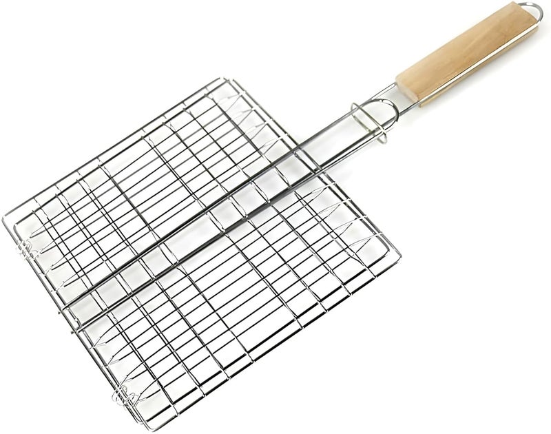 Alark سلة شواء قابلة للطي غير لاصقة للشواء مع مقبض خشبي لحمل الطعام للشواء، الأسماك، الخضروات، والجمبري بسعة كبيرة [39x21x1.5 سم] - Image 1