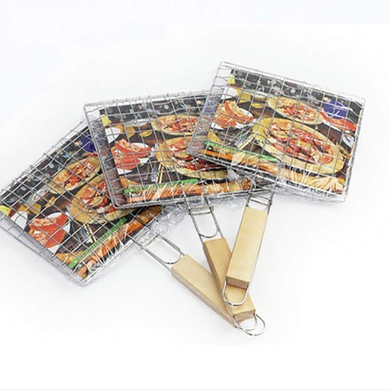 Alark سلة شواء قابلة للطي غير لاصقة للشواء مع مقبض خشبي لحمل الطعام للشواء، الأسماك، الخضروات، والجمبري بسعة كبيرة [39x21x1.5 سم] - Image 3