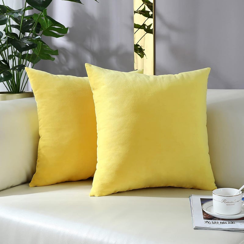 mixeoo Comfy Lemon Yellow Throw Pillow Covers Decorative Square Solid Thick Velvet Super Soft Cushion Cases Home Decor for Sofa Couch Living Room Chair, Set of 2, 18 x 18 Inch - Image 1