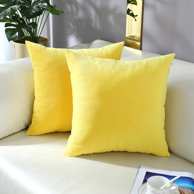 mixeoo Comfy Lemon Yellow Throw Pillow Covers Decorative Square Solid Thick Velvet Super Soft Cushion Cases Home Decor for Sofa Couch Living Room Chair, Set of 2, 18 x 18 Inch - Image 2