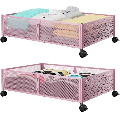 PHINOX Under the Bed Storage Containers with Wheels Under Bed Storage Under Bed Shoe Storage Organizer Drawer Toolfree Assembly Metal Underbed Storage Containers Pink