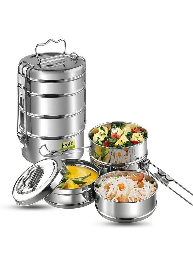 VINOD Kraft Lunch Box/Food Container/Lunch Tiffin Dabba Four Tier Compartment with Handle - Stainless Steel, Leak Proof, Easy to Carry Meals for Office, Picnic, Schools (3160 mL, Silver)  - Image 1