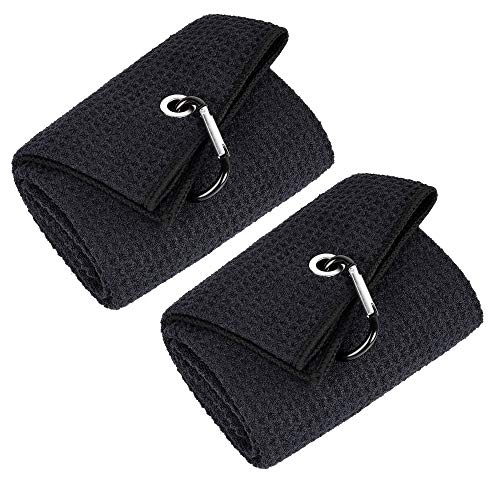 Mile High Life Mile High Life Trifold Golf Towel  Premium Microfiber Fabric  Waffle Pattern  with Heavy Duty Carabiner Clip  Golf Towel for Men and Women Black  Black