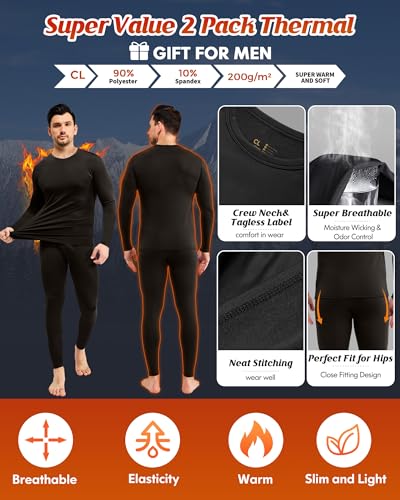 CL convallaria 2 Pack Long Johns Thermal Underwear for Men Soft Fleece Lined Base Layer Cold Weather Set Winter Bottom Top, Medium, Crew Neck-Black and Black - Image 2