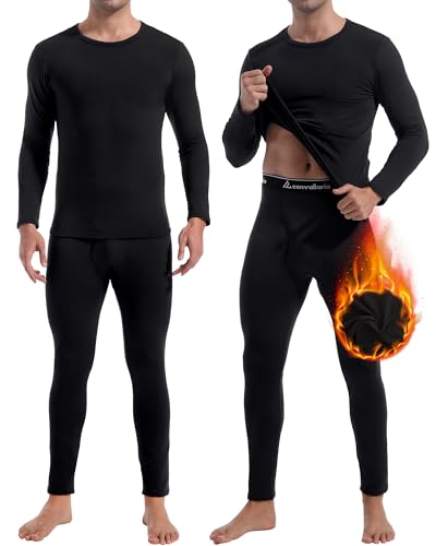 CL convallaria 2 Pack Long Johns Thermal Underwear for Men Soft Fleece Lined Base Layer Cold Weather Set Winter Bottom Top, Medium, Crew Neck-Black and Black - Image 1