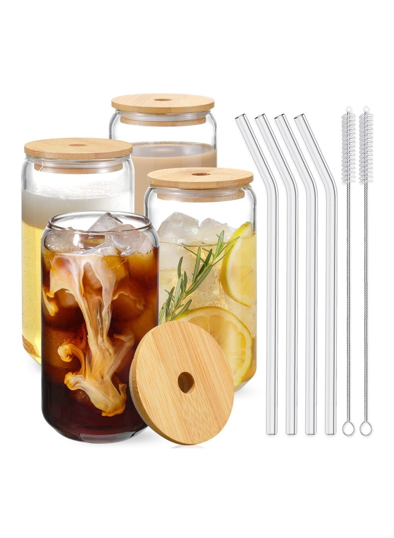 KASTWAVE Drinking Glasses with Bamboo Lids and Glass Straw 4pcs Set 16oz Can Shaped Cups Drink Iced Coffee Cute Tumbler Cup Ideal  - Image 1