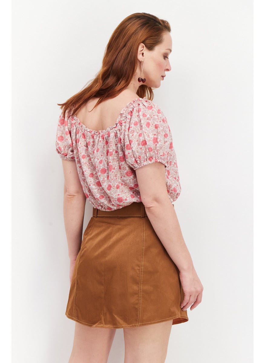 LUCKY BRAND - Women Tie Neck Short Sleeve Floral Top, Pink - Image 1