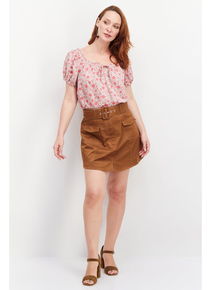 LUCKY BRAND - Women Tie Neck Short Sleeve Floral Top, Pink - Image 1