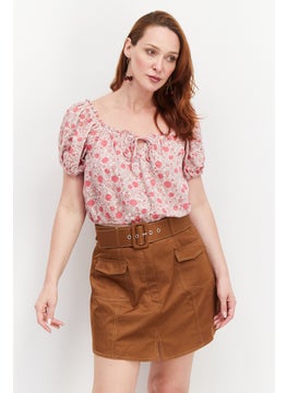 Women Tie Neck Short Sleeve Floral Top, Pink