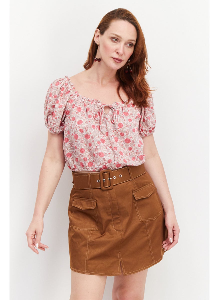 LUCKY BRAND - Women Tie Neck Short Sleeve Floral Top, Pink - Image 1