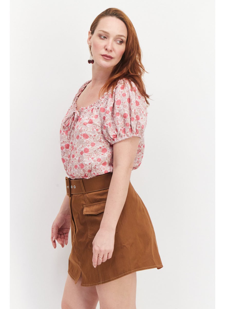 LUCKY BRAND - Women Tie Neck Short Sleeve Floral Top, Pink - Image 1