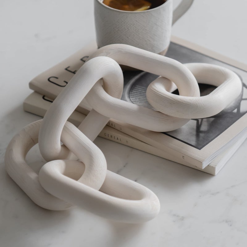 PEAKOLY ديكور سلسلة خشبية من بيكولي - أشياء زخرفية خشبية بيضاء للرفوف، تمثال لطاولة القهوة، إكسسوارات رف الكتب، زخارف حديثة للرفوف، زخارف لطاولة الكونسول أو المدخل