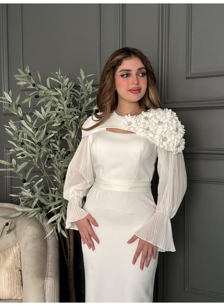 Women's Floral Evening Dress with Long Sheer Sleeves  - Image 1