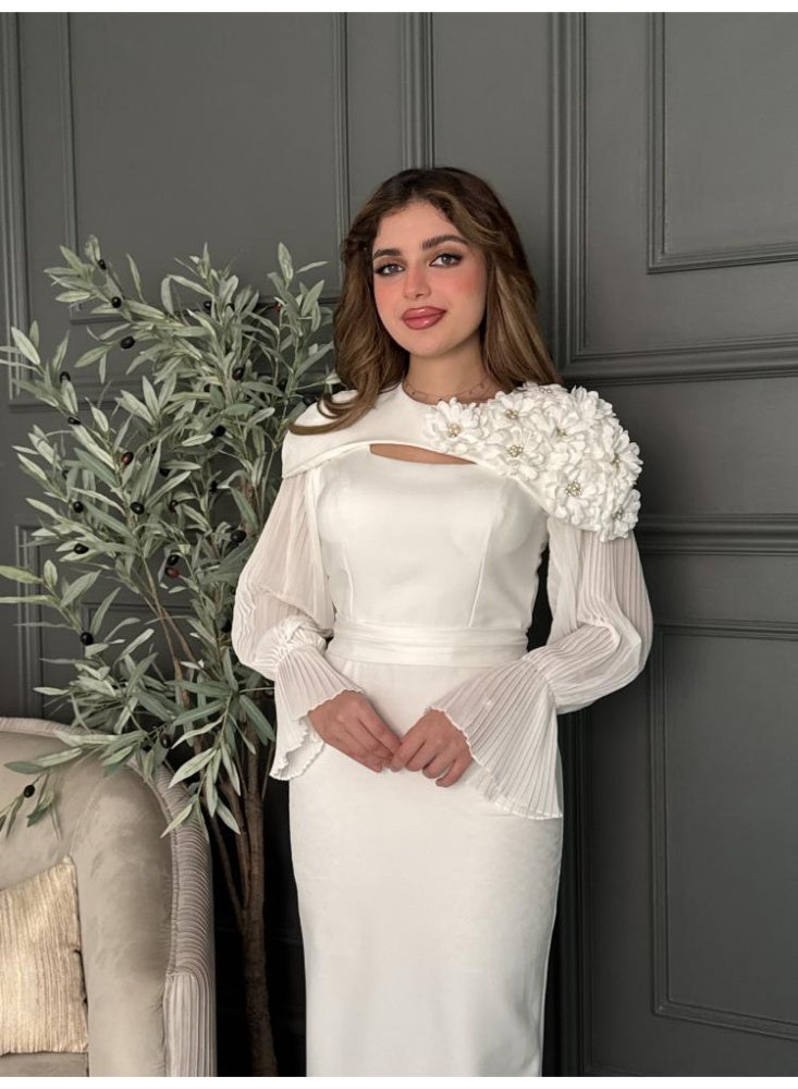 Women's Floral Evening Dress with Long Sheer Sleeves  - Image 3