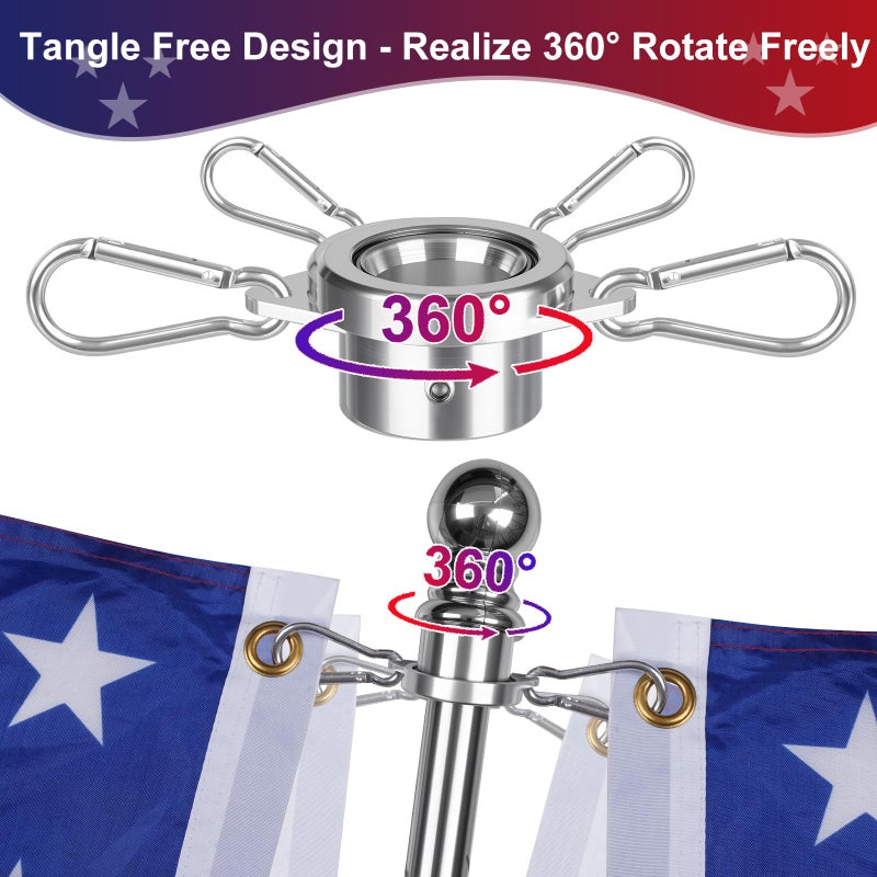 HPGOED Bearing Steel Ball Flag Pole Rings, Tangle Free Aluminum Alloy Flag Pole Spinners, 360Â° Rotating Flagpole Rings with Carabiners, Fit Flagpole with 0.75-1inch Diameter, Flagpole Parts, 1 inch Silver - Image 4
